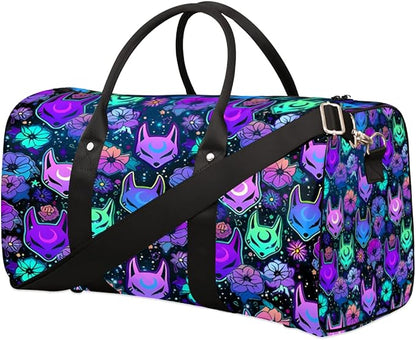 Travel Duffel Bag Flower Purple Fox Sport Tote Gym Bag Waterproof Foldable Carryon Weekend Overnight Training Handbag Sports Duffle Bags for Women Men Boys Girls