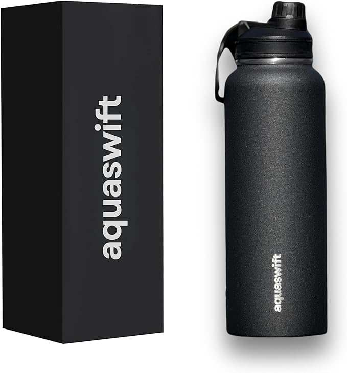 core - Sports Water Bottle - Gym & Outdoor Bottles, Double Wall, 40 oz, Black - Vacuum Insulated Stainless Steel - With 3 Lids, Straw, Spout and Handle Lid.