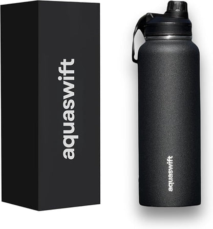 core - Sports Water Bottle - Gym & Outdoor Bottles, Double Wall, 40 oz, Black - Vacuum Insulated Stainless Steel - With 3 Lids, Straw, Spout and Handle Lid.