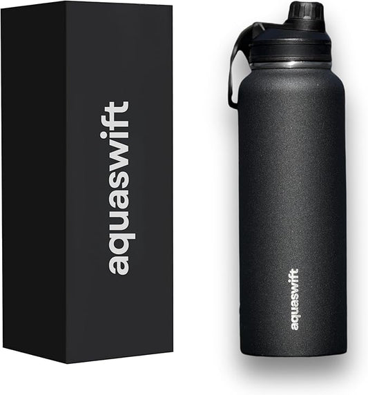 core - Sports Water Bottle - Gym & Outdoor Bottles, Double Wall, 40 oz, Black - Vacuum Insulated Stainless Steel - With 3 Lids, Straw, Spout and Handle Lid.