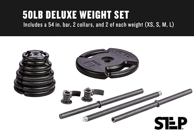 The Step Fitness Adjustable Dumbbell Set or Barbell Weight Set, 35-60 lbs, with Collars, and Weights