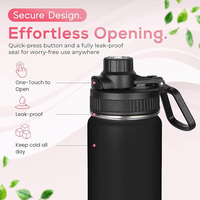 Y TOP 24oz Insulated Water Bottle Leak Proof Spout Lid Fits in Car Cup Holder – Double Wall Dishwasher Safe Easy Clean stainless steel drinking water bottle for Gym Kids Sports Travel Hiking School