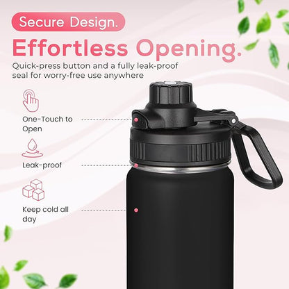 Y TOP 24oz Insulated Water Bottle Leak Proof Spout Lid Fits in Car Cup Holder – Double Wall Dishwasher Safe Easy Clean stainless steel drinking water bottle for Gym Kids Sports Travel Hiking School