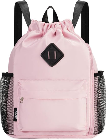 WANDF Drawstring Backpack Sports Gym Bag with Shoes Compartment, Water-Resistant String Backpack Cinch for Women Men (Small,Pink)
