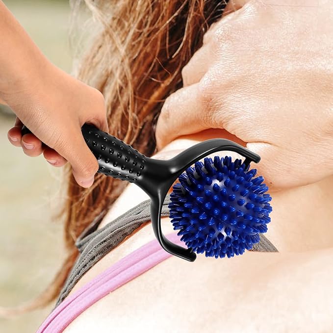 minkissy Large Spiky Ball Mobility Yoga Stick Massage Roller for Muscle Relief, Handheld Pilates Posture Rod Dual Black and Blue Colors, Body and Leg Massage Tool for Runners and Fitness