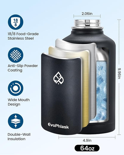 64 oz Insulated Water Bottle(Cold for 48Hrs), Large Stainless Steel Water Bottle BPA Free, Leak Proof Half Gallon Water Jug for Sport, Hiking, Camping, Travel, Matte Black