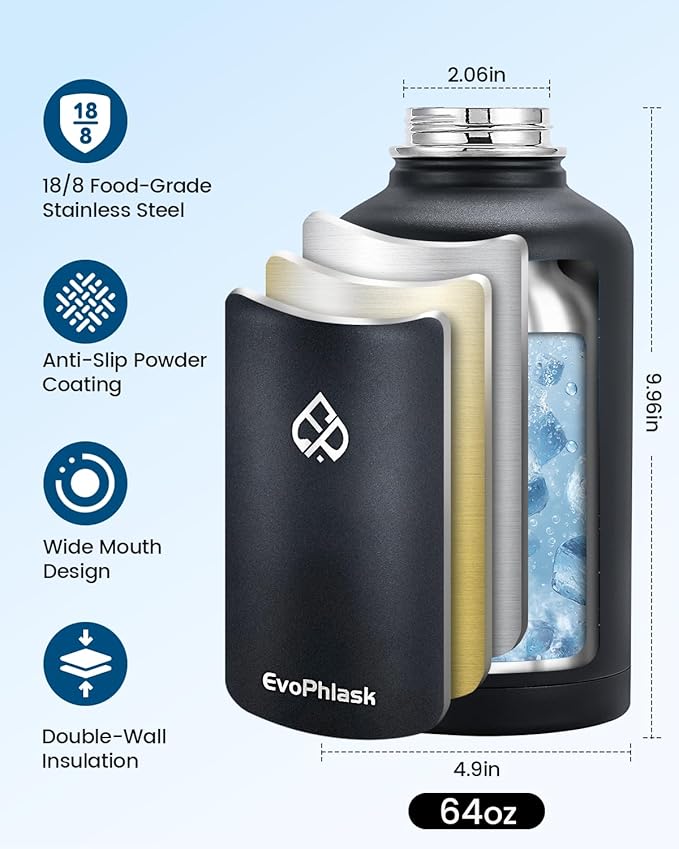 Insulated Water Bottle 64 oz, Vacuum Stainless Steel Water Bottle Keep Cold 48Hrs, Half Gallon Large Water Jug for Travel, Sport, Gym, Hiking with Carrier Bag, Black