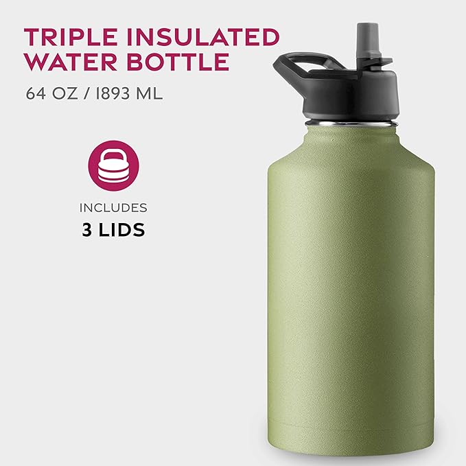 FineDine Water Bottle - Stainless Steel Insulated Water Bottle with Straw Lid, Flip Lid & Wide-Mouth Cap - Keeps Hot and Cold - 64 Oz / 1.89L - Army Green