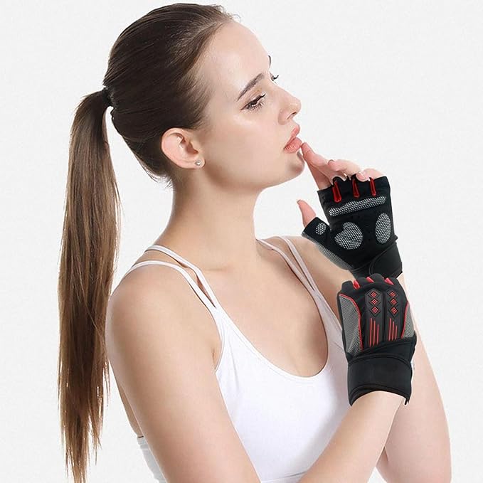 Workout Gloves for Men Women, Breathable Weight Lifting Gloves with Wrist Wraps Support for Gym, Exercise, Training and Fitness, Fingerless, Padded Full Palm Protection