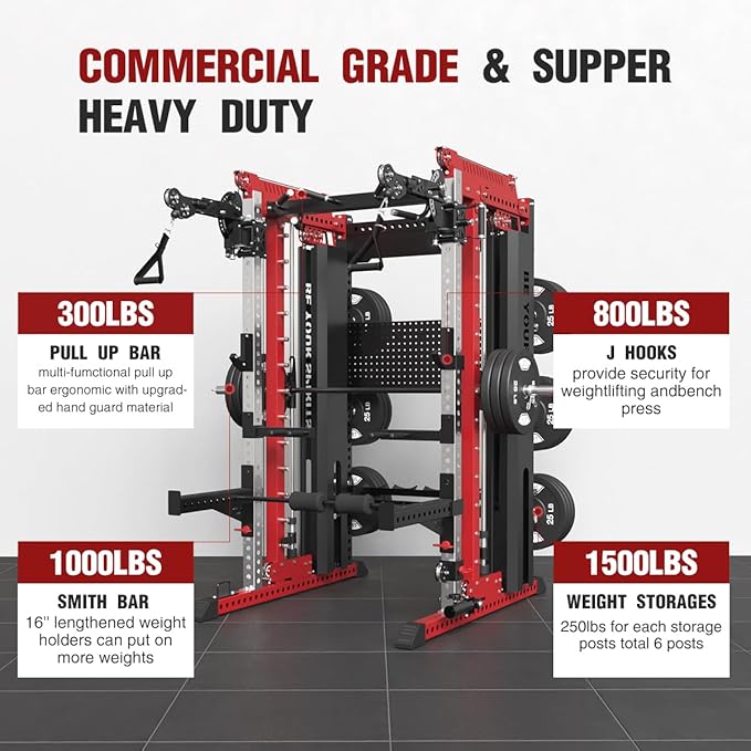 FAGUS Commercial Smithe Machine with Dual Weight Stacks, Power Cage Squat Rack with Lever Arm & Leg Press Attachment, Multi-Function Linear Bearing Cable Crossover Machine for Home Gym