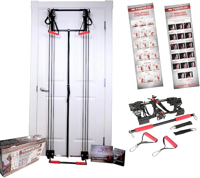 Tower 200, Complete Gym, Door, Gym, Body Building, Workout Equipment Doorway Fitness, Exercise Bands, Resistance Bands Set Men Weight Loss, Body Tower, x Factor, Anti Aging, Women, Free Straight bar