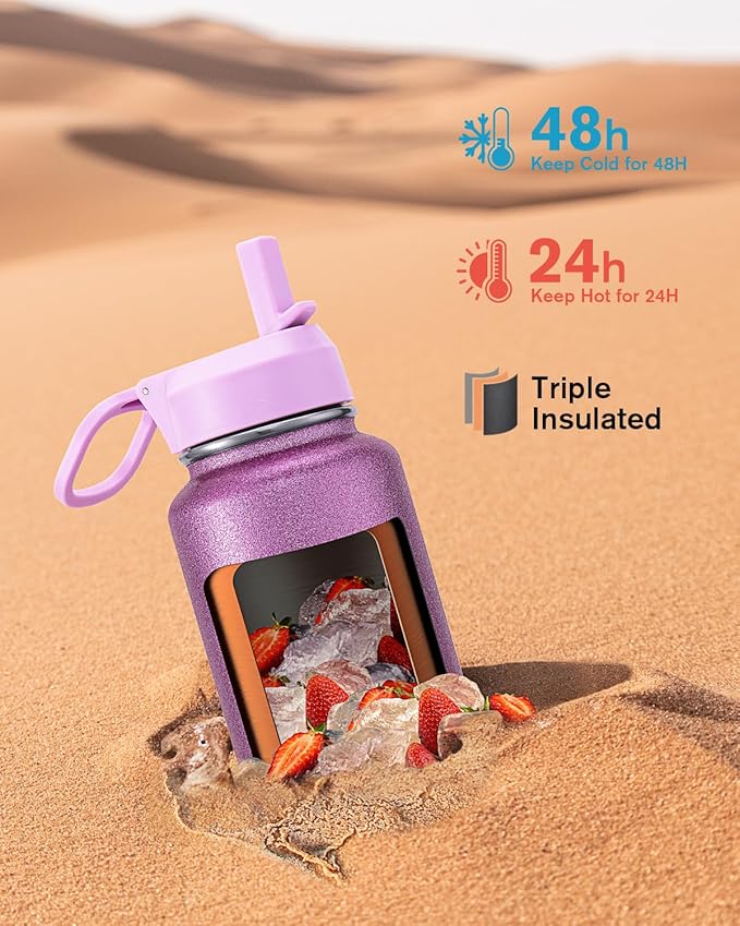 Coolflask Water Bottle 32 oz Insulated with Straw, Stainless Steel Metal 3 Lids Water Flask Wide Mouth for Sports or Office, Non-BPA Keep Cold Up to 48 Hrs or Hot Up to 24 Hrs, Glitter Pink