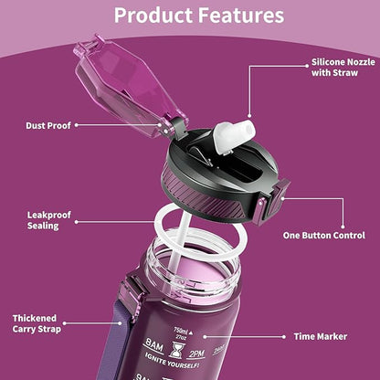 Water Bottle with Straw, 27oz Motivational Water Bottles with Time Marker to Drink, Tritan BPA Free, 750ml Sports Water Bottle with Carry Strap LeakProof for School Fitness Outdoor (1Pack)
