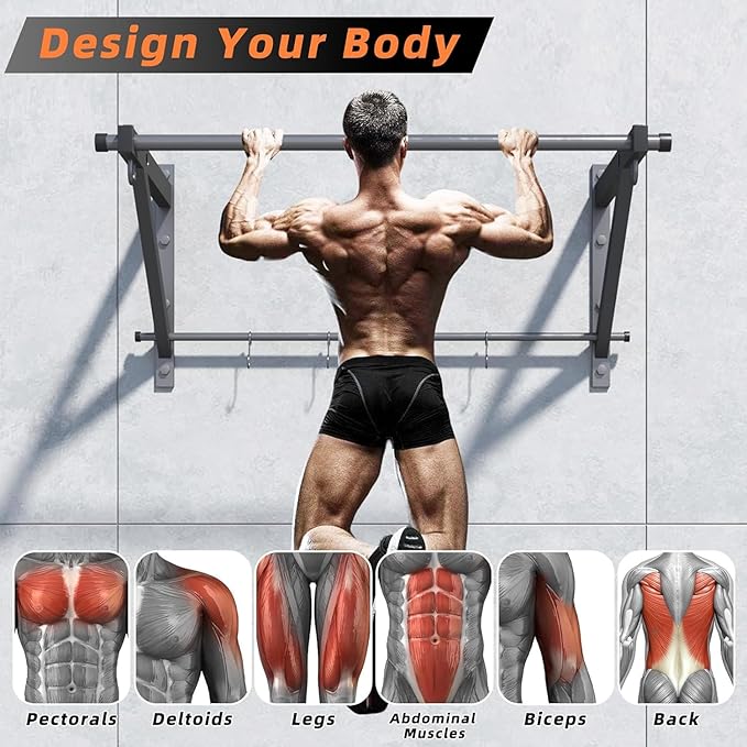 Wall Mounted Pull Up Bar, Strength Training Chin Up Bar with Hooks, Adjustable Depth Pull-up Bar with 500LBS Weight Capacity, Heavy Duty Gym Home Training