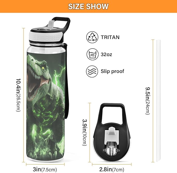 Fustylead 3d Angry Green Dinosaur 32oz Water Bottle with Straw, Leakproof Clear Sport Water Bottles for Gym Camping Hiking Travel