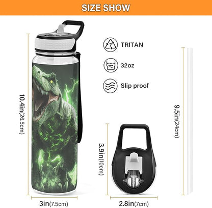 Fustylead 3d Angry Green Dinosaur 32oz Water Bottle with Straw, Leakproof Clear Sport Water Bottles for Gym Camping Hiking Travel