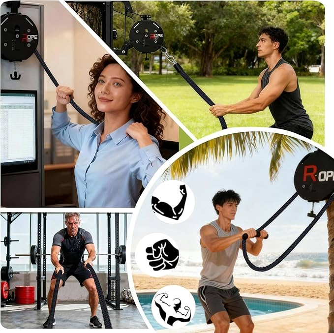 Full-Body Resistance Trainer, Endless Rope Trainer, Portable Cable Pulley System, Rope Climb Equipment with Adjustable Resistance, Home Gym Equipment, 330lb Load, Includes Straps and 2 Lock Black