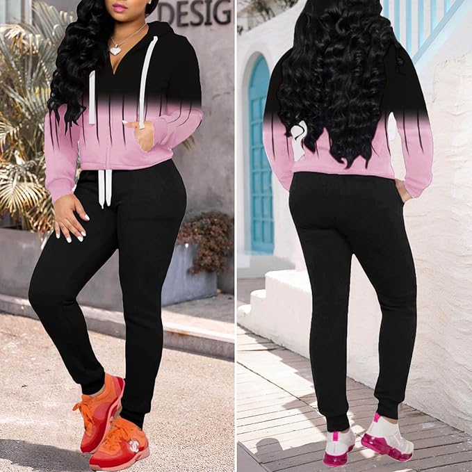 CLOCOR Track Suits for Women Set - Casual 2 Piece Outfits Sweatsuit Pocket Hoodies Long Sleeve with Patchwork Pants Set