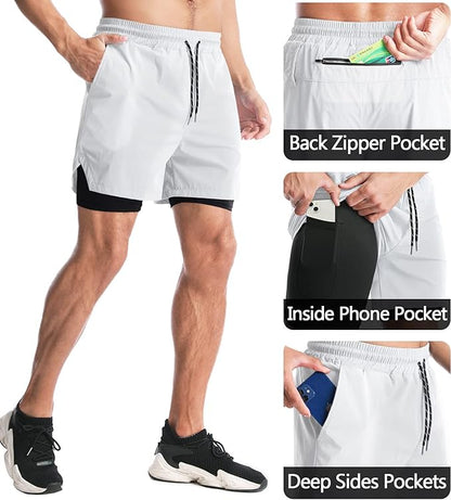 Aolesy Men's 2 in 1 Running Shorts 5" Workout Gym Athletic Shorts for Men Quick Dry Lightweight Training Shorts with Pockets