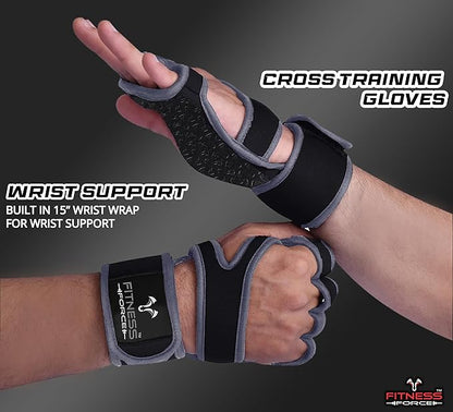 FITNESS FORCE Ventilated Weightlifting Gloves Workout Gloves for Men & Women with Built-in Wrist Wraps Fingerless Gym Gloves for Men Perfect for Exercise Fitness, Weight Lifting, Cross Training