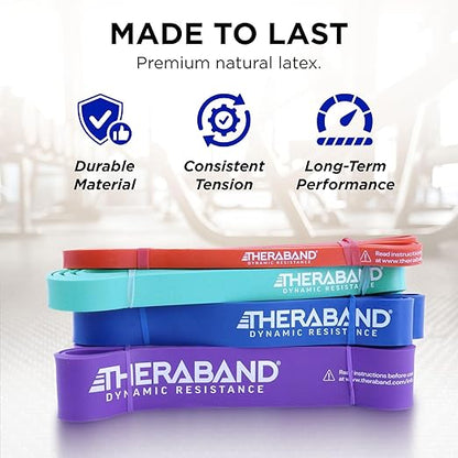 THERABAND High Resistance Bands, Set of 4 Elastic Super Bands for Improving Flexibility, Injury Rehab, & Full Body Workouts, Heavy Duty Stretch Bands for Exercise, Light, Medium, Heavy, X-Heavy Bands