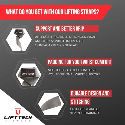 Lift Tech Fitness Weight Lifting Straps For Men and Women - Cotton Gym Straps for Weightlifting, HIIT, Strength Training - Pull ups & Deadlift Straps - Lifting Wrist Straps - One Size