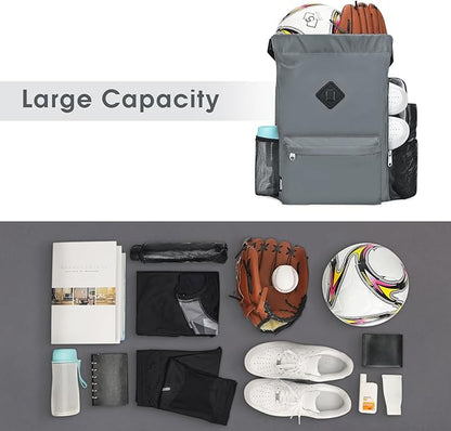 WANDF Drawstring Backpack Sports Gym Bag with Shoes Compartment, Water-Resistant String Backpack Cinch for Women Men(Large,Grey)