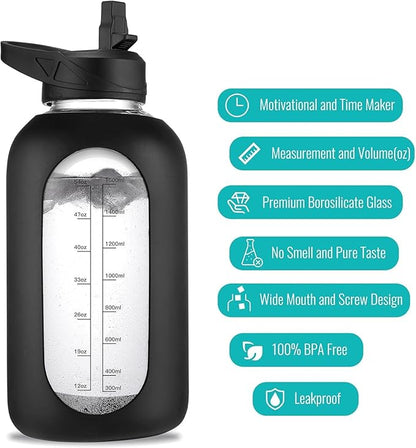 64 oz Glass Water Bottle With Straw and Handle, Half Gallon Sports Motivational Water Jug Flask with Silicone Sleeve, Large Water Cup with Time Marker for Travel, Gym, Blue