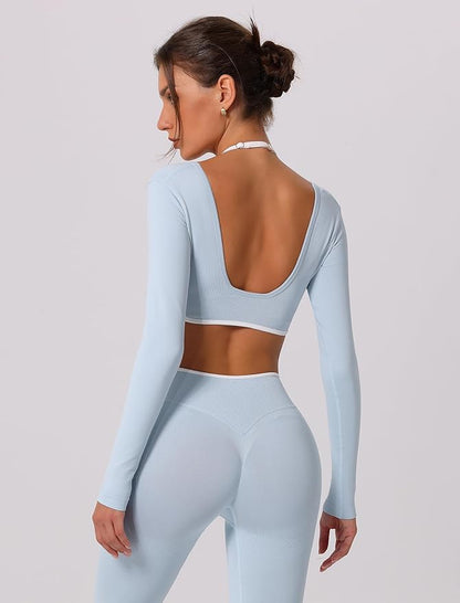 ABOCIW Workout Sets for Women Long Sleeve Crop Top Scrunch Butt Lifting High Waist Leggings 2 Piece Gym Yoga Outfits