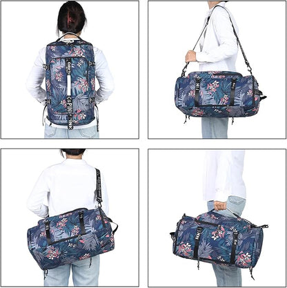 Floral gym duffel bag backpack, fashion wrestling bag,with shoe compartment, 4 kinds of back method waterproof travel sports walking laptop Lightweight (A-Floral Blue)