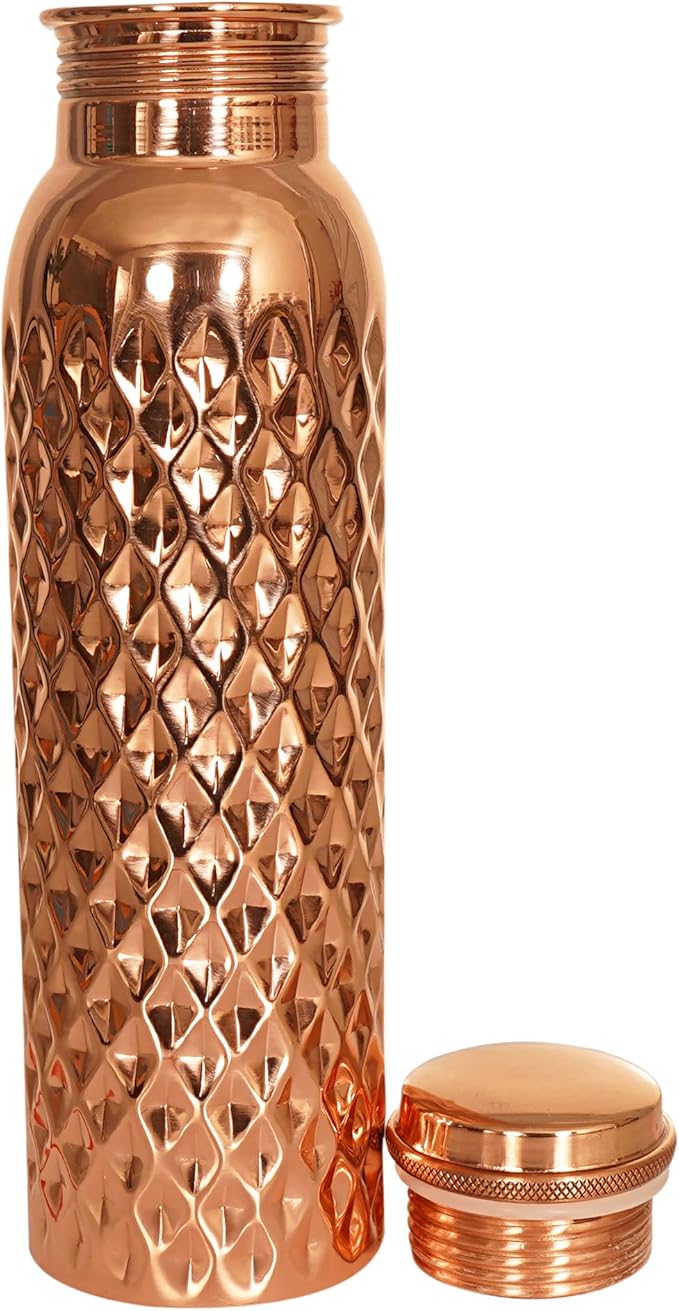 Pure Copper Water Bottle 34 Oz Hammered Copper Water Bottle For Drinking Handcrafted Ayurvedic 100% Vessel For Leak-Proof Lid Bottle for Yoga, Gym, Office & Travel