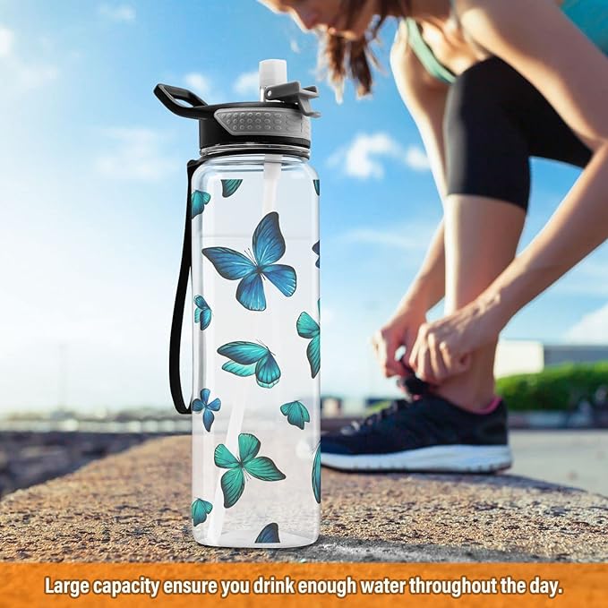 Watercolor Blue Butterfly Sport Water Bottle with Straw, Leakproof Tritan Bottle BPA Free Clear Water Bottle for Fitness Outdoor Gym Travel- 32 oz