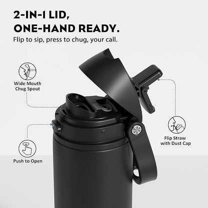 POWCAN 18 oz Insulated Water Bottle: 2-in-1 Push-Button Spout & Quick-Flip Straw, Leakproof, Cold 24Hrs, Fits Car Cup Holder, Stainless Steel Water Bottle for Sports, Travel, School (Very Black)
