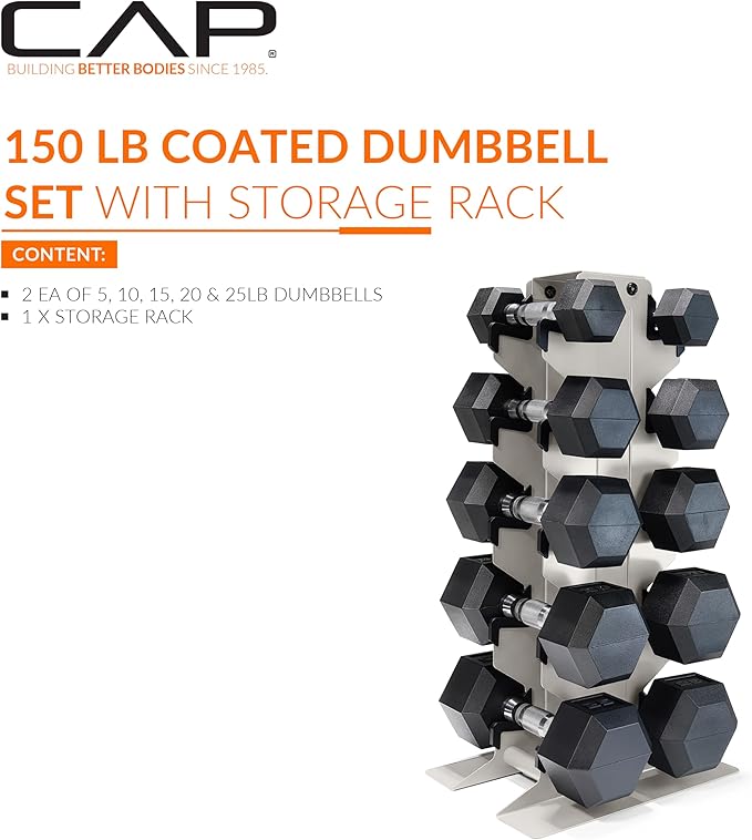 CAP Barbell Rubber Coated Hex Dumbbell Set with Vertical Rack | 100-300 lbs Free Weights Dumbbells Set for Home Gym | Multiple Options