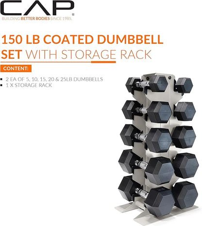 CAP Barbell Rubber Coated Hex Dumbbell Set with Vertical Rack | 100-300 lbs Free Weights Dumbbells Set for Home Gym | Multiple Options