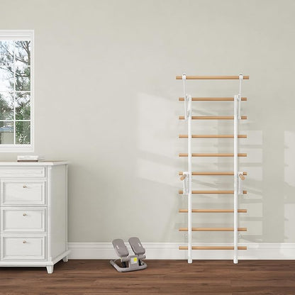 DHT Wood Stall Bar, Swedish Ladder Suspension Trainer with 9 Strategic Rods, for Home, Gym, School and Clinics, White