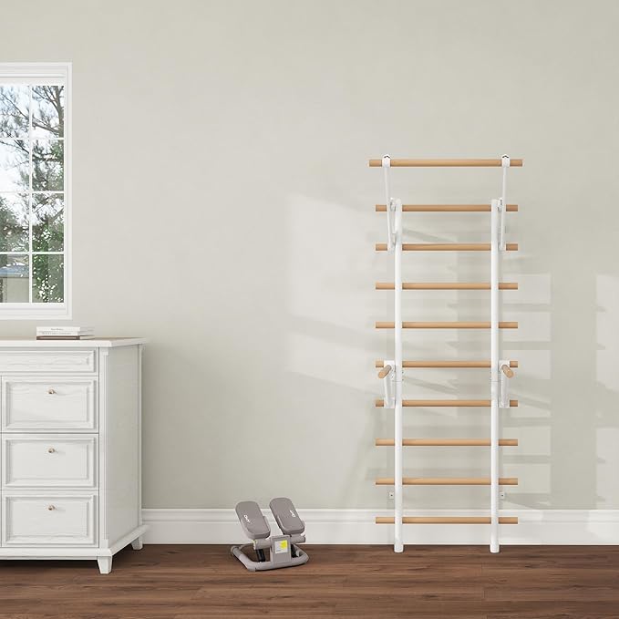 DHT Wood Stall Bar, Swedish Ladder Suspension Trainer with 9 Strategic Rods, for Home, Gym, School and Clinics, White