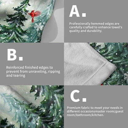 Winter Watercolor Tree Hand Towels for Bathroom 2 Packs Christmas Dark Green Pine Trees Kitchen Towels Misty Forest Cardinal Holiday Super Soft Fast Drying Washcloths for Home Hotel Gym