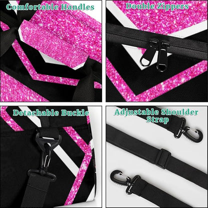 Cheerleading Bags for Girls, Overnight Sports Duffel Cheer Bags Workout Training Dance - Pink Shiny Glitters Print Effect with Black - Sport Gym Bag Travel Practice Gymnastics Duffel Bag