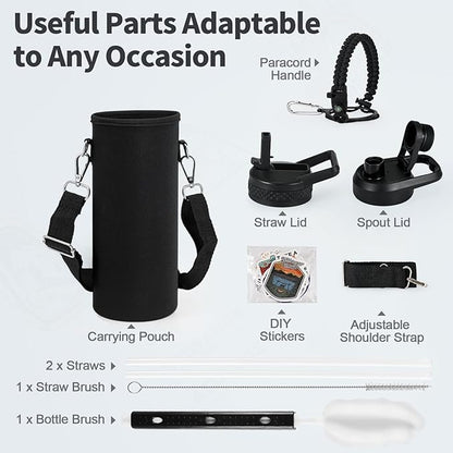 20 oz Insulated Water Bottle with Straw (Cold for 24 Hrs), Stainless Steel Triple Wall Vacuum Sports Water Jug, Leakproof Hydro Cup Flask with Paracord Handle & Straw Spout Lids & DIY Stickers