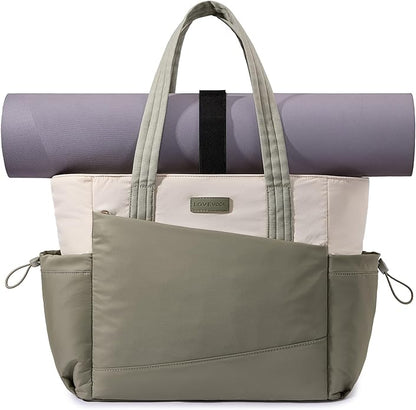 LOVEVOOK Gym Tote Bag for Women, Puffy Yoga Mat Bag with Large Cup Holder & Wet Pocket, Work Nurse Bag for Travel Workout