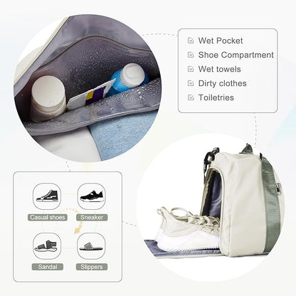 Gym Bag for Women with Shoes Compartment,Small Duffel Bag Sport bag with Toiletry Bag Overnight Travel Tote Bags Weekender Carry on Bag Personal Item Bags for Airlines Beige Green