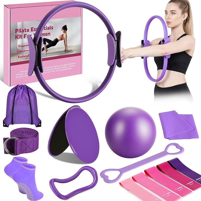 14 PCS Pilates Kit, Home Pilates Workout Kit for Women, Pilates Equipment with 14.9" Pilates Ring and Ball, Resistance Bands, Sliders & Grip Socks Accessories for Starter Home Workouts（Purple）