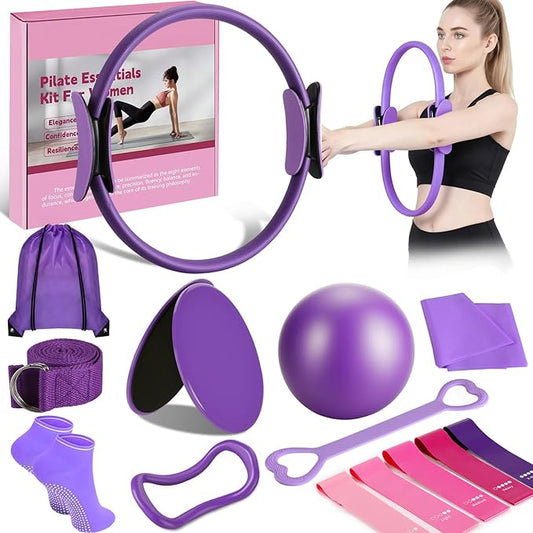 14 PCS Pilates Kit, Home Pilates Workout Kit for Women, Pilates Equipment with 14.9" Pilates Ring and Ball, Resistance Bands, Sliders & Grip Socks Accessories for Starter Home Workouts（Purple）