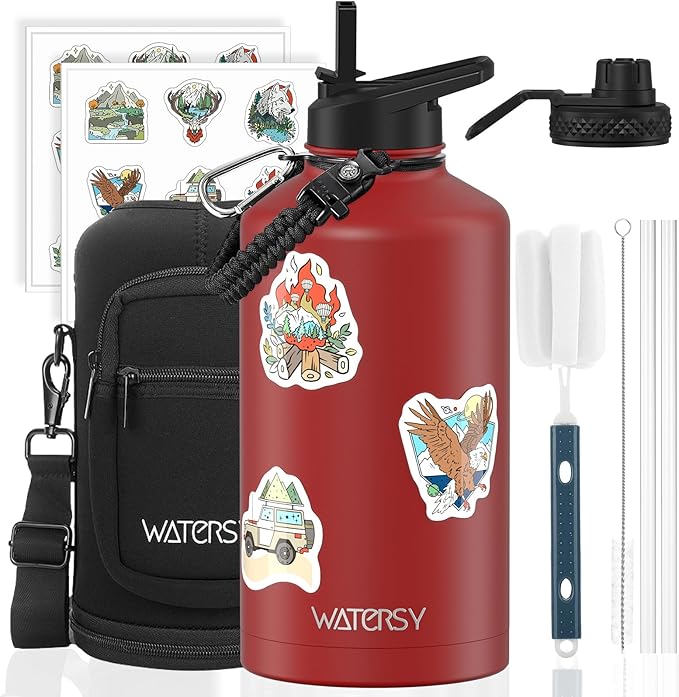 87oz Insulated Water Bottle (Cold for 48 Hrs),BPA Free&Leak Proof,1.5 Gallon Stainless Steel Water Flask,Water Jug with Straw Spout Lids for Gym,Hiking,Camping,Red