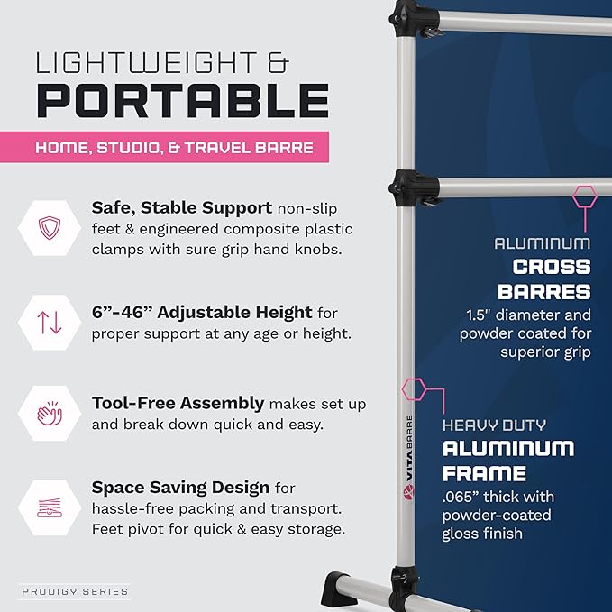 VITA Barre Portable Freestanding Double Ballet Barre, Prodigy, Aluminum | Adjustable Height, USA Made, Home or Gym Exercise Equipment for Kids & Adults | Dance, Fitness, Pilates