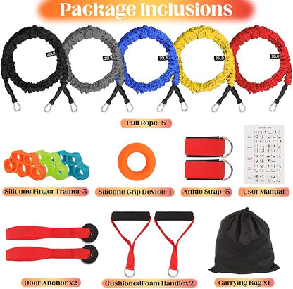 Resistance Bands Set with Protective Nylon Sleeves, 15-Pack Anti-Snap Exercise Bands (Up to 150 lbs), Heavy Duty Workout Bands with Handles, Door Anchor, Ankle Straps for Resistance Training