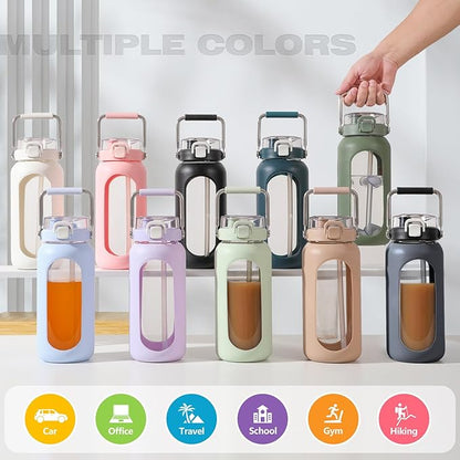 BLUEGO 64oz Water Bottle Glass with Stainless Steel Handle Large Water Bottle with Time Markers and Silicone Sleeve Half Gallon Water Jug BPA Free for Gym Daily Use, Amber