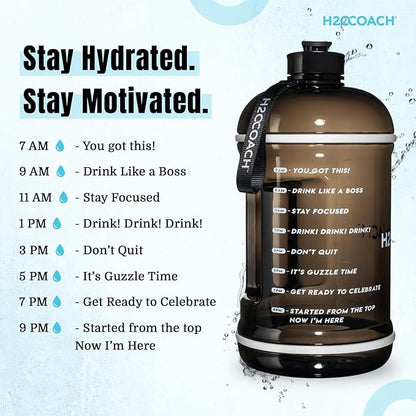 H2OCOACH 1 Gallon Hydration Jug with Time Marker & Measurements, BPA-Free Tritan Sports Drink Container, Motivational Daily Intake Tracker for Gym, Workout, & Fitness Routines (128 oz, Black)