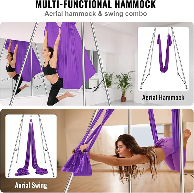 VEVOR Yoga Stand Frame, Max 441-551 lbs Load Swing Stand, Triangular Structure Aerial Rig, Aerial Silk Stands with Yoga Hammock, Standard & Height-Adjustable Version